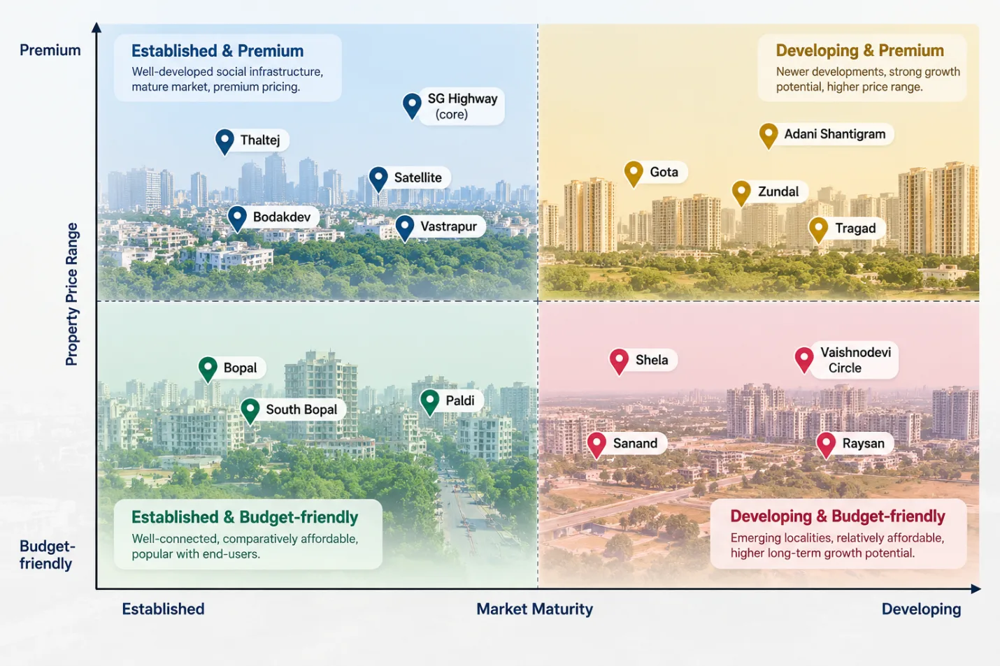 Ahmedabad localities by price range and market maturity: established and premium, developing and premium, established and budget-friendly, developing and budget-friendly