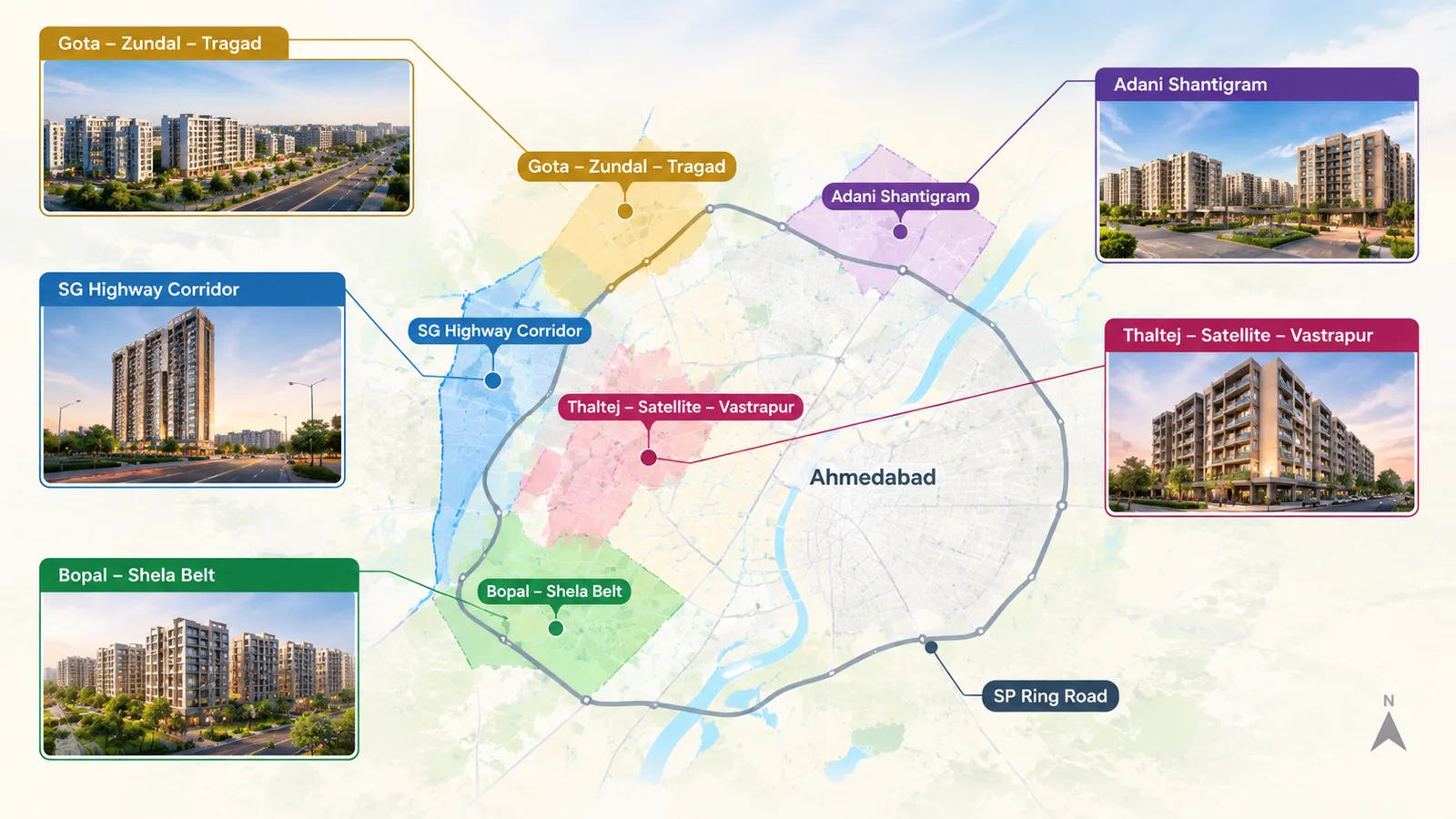 Ahmedabad buying zones around SP Ring Road: Gota–Zundal–Tragad, SG Highway corridor, Bopal–Shela belt, Thaltej–Satellite–Vastrapur and Adani Shantigram