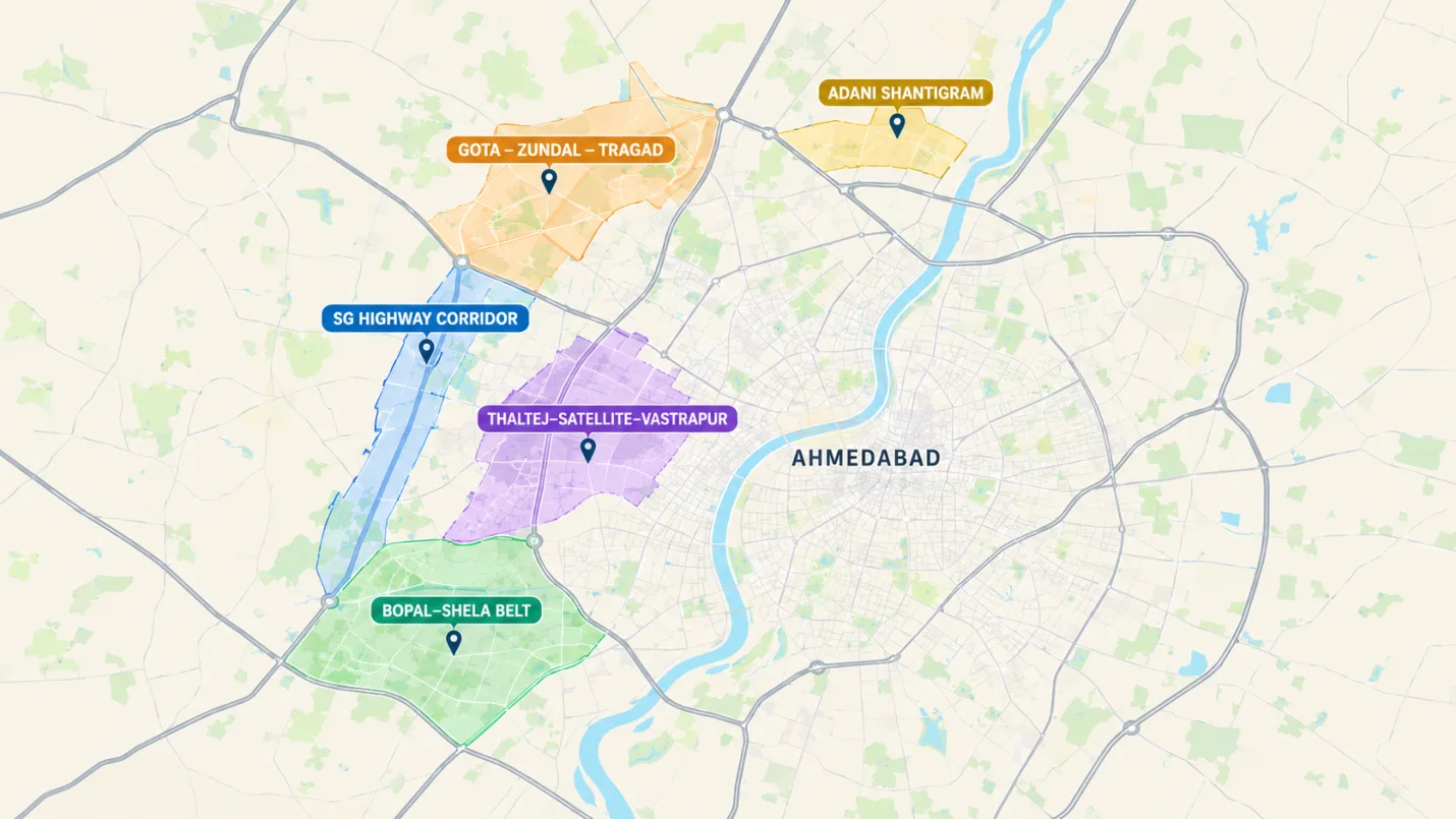 Map of Ahmedabad's main residential buying zones: SG Highway corridor, Bopal–Shela belt, Thaltej–Satellite–Vastrapur, Gota–Zundal–Tragad and Adani Shantigram